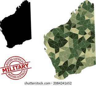 Low-Poly mosaic map of Western Australia, and textured military stamp. Low-poly map of Western Australia is designed with scattered khaki color triangles.