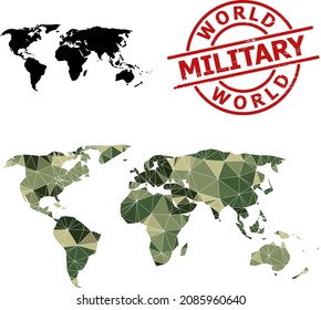 Lowpoly mosaic map of world, and unclean military stamp print. Lowpoly map of world designed of chaotic camo filled triangles. Red round stamp for military and army concept illustrations,