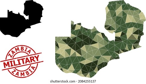Mapa de mosaico de bajo contenido de polilla de Zambia, y placa militar de goma. Mapa de baja polilla de Zambia combinado con triángulos caóticos de color camo. Estampilla roja redonda para las ilustraciones de concepto militar y militar,