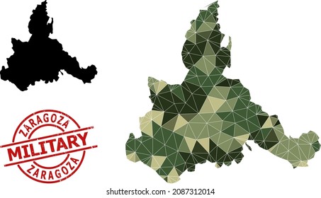 Low-Poly mosaic map of Zaragoza Province, and scratched military seal. Low-poly map of Zaragoza Province is designed with randomized khaki colored triangles.