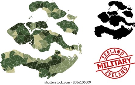 Lowpoly mosaic map of Zeeland Province, and grunge military stamp. Lowpoly map of Zeeland Province constructed of scattered khaki filled triangles.
