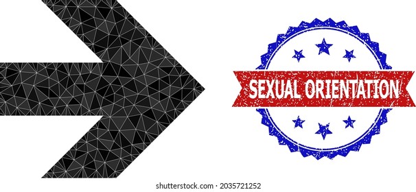 Low-poly move right polygonal symbol illustration, and grunge bicolor rosette seal, in red and blue colors. Mosaic move right formed from randomized color triangles.