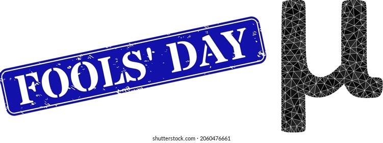 Low-poly Mu Greek lowercase symbol combined with chaotic filled triangles, and grunge Fools' Day seal stamp. Blue rounded framed rectangular stamp includes Fools' Day tag inside framed rectangle form.