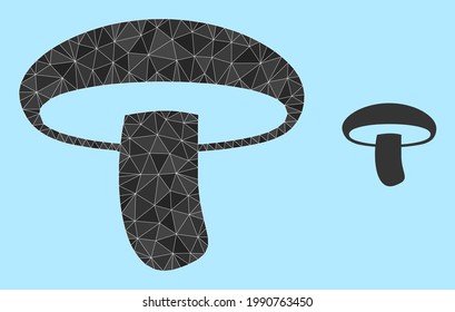 lowpoly mushroom icon on a light blue background. Polygonal mushroom vector is constructed of chaotic triangles. Triangulated mushroom polygonal 2d illustration.
