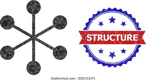 Estructura de red floja ilustración de símbolo poligonal y sello de rosette bicolor granulado, en colores rojo y azul. La estructura de la red de mosaicos está compuesta por triángulos rellenos dispersos.