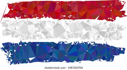 Low-poly Netherlands flag constructed with chaotic filled triangles. Triangle Netherlands flag polygonal 2d illustration. Netherlands Flag icon is filled with triangles.