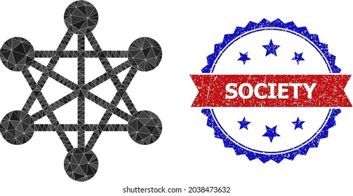 La red de polos bajos enlaza la ilustración de iconos poligonales y el sello de rosette bicolor grunge, con colores rojo y azul. Se crean enlaces de red de grupos de triángulos rellenos al azar.
