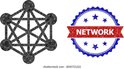 Lowpoly network polygonal icon illustration, and grunge bicolor rosette seal, in red and blue colors. Mosaic network formed from randomized color triangles. Rosette seal uses red and blue colors.