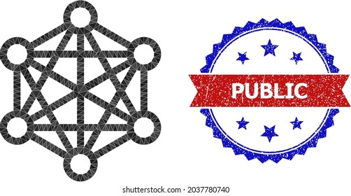 Lowpoly network relations polygonal symbol illustration, and grunge bicolor rosette stamp imprint, in red and blue colors. Mosaic network relations is formed with randomized color triangles.