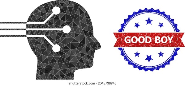 Ilustración de símbolo poligonal con interfaz neural baja y huella de sello rosette bicolor de color gris, en colores rojo y azul. La interfaz neuronal mosaica se compone de triángulos de color dispersos.