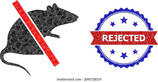 Low-poly no rats polygonal 2d illustration, and grunge bicolor rosette seal stamp, in red and blue colors. Collage no rats formed of chaotic filled triangles.