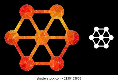 Low-poly node connections icon with flame colorful gradient. Triangulated flame colored node connections polygonal symbol illustration.