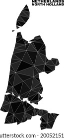 Mapa de lowpoly North Holland. Mapa de la Holanda del Norte polígono diseñado de triángulos caóticos. Mapa triangulado de la abstracción poligonal del Holanda Norte con fines patrióticos.