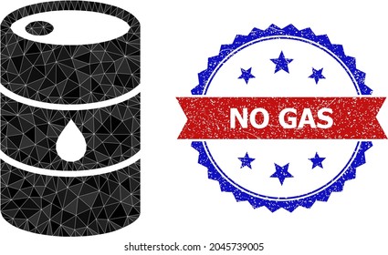 Lowpoly oil barrel polygonal 2d illustration, and grunge bicolor rosette stamp, in red and blue colors. Mosaic oil barrel composed from randomized color triangles.