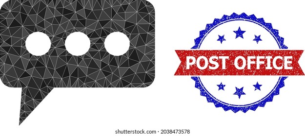 Ilustración de símbolos poligonales en la nube de opinión baja y sello de sello de sello rosette bicolor de color negro, en colores rojo y azul. Nube de opinión de grupo compuesta de triángulos de color aleatorizados.