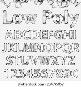 Lowpoly outline fonts and numbers. Elegance typographic alphabet. Digital art white alphabetic line with dot in vector.
