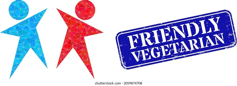 Low-Poly-Partner kombiniert mit zufällig gefüllten Dreiecken und grunge Friendly Vegetarian Wasserzeichen. Blauer gerahmter Rechteck-Siegel hat Friendly Vegetarian Titel in gerahmten Rechteck Form.