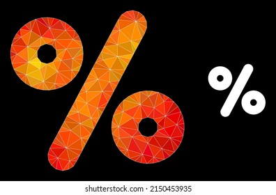 Low-poly percent icon with orange colorful gradient. Triangulated orange colored percent polygonal symbol illustration. Polygonal percent vector is designed with random colorful triangles.
