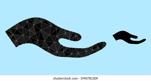 lowpoly petition hand icon on a light blue background. Polygonal petition hand vector filled with scattered triangles. Triangulated petition hand polygonal icon illustration.