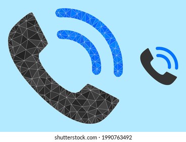 Low-poly phone ring icon on a light blue background. Polygonal phone ring vector is designed with randomized triangles. Triangulated phone ring polygonal symbol illustration.