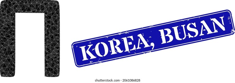 Low-poly Pi Greek symbol designed from chaotic filled triangles, and grunge Korea, Busan seal stamp. Blue rounded framed rectangle stamp has Korea, Busan text inside framed rectangle shape.
