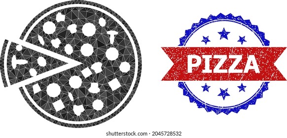 Pizza floja con ilustración de símbolo poligonal en pieza y sello de sellado rosetón bicolor, en colores rojo y azul. La pizza colectiva con pieza está diseñada a partir de triángulos de color aleatorizados.