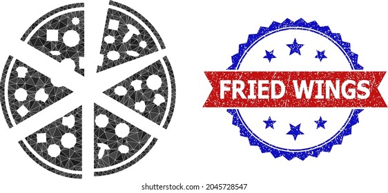 Lowpoly pizza pieces polygonal icon illustration, and grunge bicolor rosette seal stamp, in red and blue colors. Collage pizza pieces created with chaotic color triangles.
