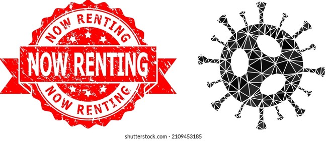 Low-Poly-Polygonal 2019-ncov Virus 2d Illustration, und jetzt Vermietung Grunge-Siegel Druck. Rote Stempel Siegel hat jetzt Vermietung Bildunterschrift in Band. Das Vector 2019-Ncov-Virus-Symbol wird mit Dreiecken gefüllt.