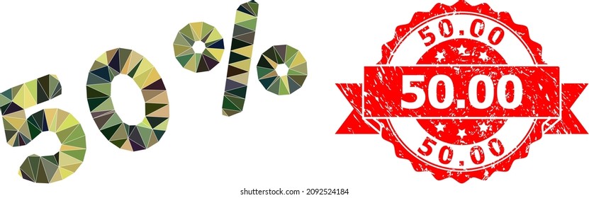 Low-Poly polygonal 50 percents military camouflage 2d illustration, and 50.00 corroded watermark. Red seal includes 50.00 text inside ribbon.