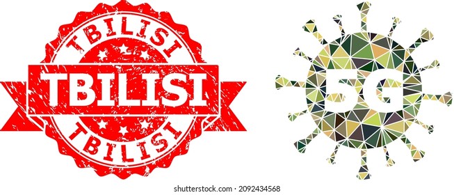 Lowpoly polygonal 5G virus military camouflage icon illustration, and Tbilisi unclean stamp seal. Red stamp seal has Tbilisi title inside ribbon.