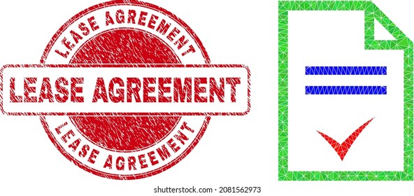 Low-Poly polygonal agreement page 2d illustration, and Lease Agreement grunge stamp seal. Red stamp seal has Lease Agreement title inside round it. Agreement page icon filled with triangles.