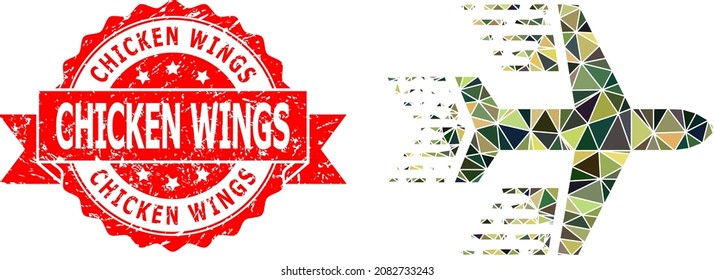 Lowpoly polygonal aircraft military camouflage 2d illustration, and Chicken Wings scratched seal imitation. Red stamp seal has Chicken Wings title inside ribbon.
