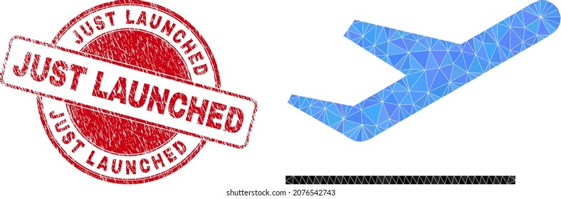 Lowpoly polygonal airplane takeoff symbol illustration with Just Launched rubber seal print. Red stamp seal includes Just Launched text inside round it. Airplane takeoff icon is filled with triangles.
