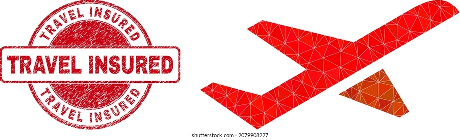 Low-Poly polygonal airplane takeoff symbol illustration with Travel Insured dirty seal imitation. Red stamp includes Travel Insured caption inside round shape.