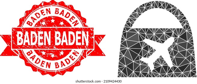 Lowpoly polygonal airport shopping symbol illustration, and Baden Baden scratched seal print. Red stamp seal includes Baden Baden tag inside ribbon.