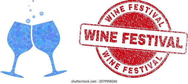 Low-Poly polygonal alcohol glasses cheers 2d illustration, and Wine Festival unclean seal. Red seal has Wine Festival title inside round form. Alcohol glasses cheers icon filled with triangles.