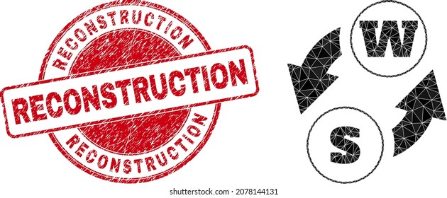 Low-Poly-Alphabet-Zeichen tauschen Symbol-Illustration mit RECONSTRUCTION unklar Stempel-Siegel. Rote Stempelrobbe hat Rekonstruktionstext in Kreisform.