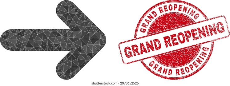 Low-Poly polygonal arrow right icon illustration with GRAND REOPENING corroded watermark. Red seal contains Grand Reopening tag inside circle form. Arrow right icon is filled with triangles.