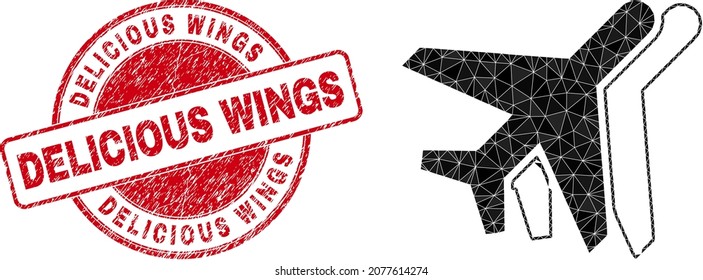 Low-Poly polygonal aviation symbol illustration with Delicious Wings grunge seal. Red stamp seal has Delicious Wings text inside round shape. Aviation icon filled with triangle mosaic.