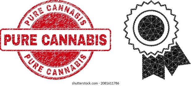 Low-Poly polygonal award seal icon illustration with PURE CANNABIS corroded stamp. Red stamp contains Pure Cannabis title inside round form. Award seal icon is filled using triangles.