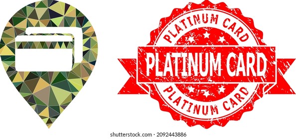 Low-Poly polygonal bank card pointer military camouflage icon illustration, and Platinum Card corroded stamp. Red stamp seal includes Platinum Card tag inside ribbon.