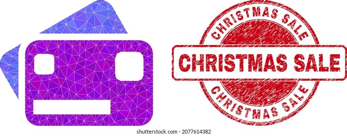 Low-Poly polygonal bank cards icon illustration, and CHRISTMAS SALE corroded stamp seal. Red stamp contains Christmas Sale caption inside round it. Bank cards icon is filled using triangles.