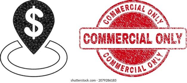 Low-Poly polygonal bank location icon illustration with COMMERCIAL ONLY textured stamp seal. Red stamp includes Commercial Only tag inside round shape. Bank location icon is filled with triangles.