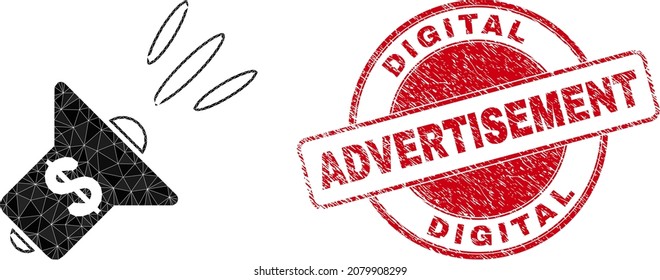 Low-Poly polygonal banking advertising megaphone symbol illustration, and DIGITAL ADVERTISEMENT scratched stamp seal. Red stamp seal contains Digital Advertisement text inside circle shape.