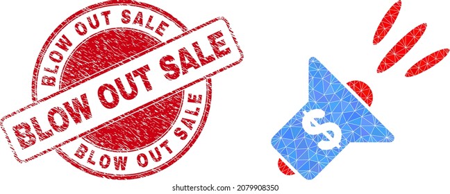 Low-Poly polygonal banking advertising megaphone symbol illustration with BLOW OUT SALE textured seal. Red seal contains Blow out Sale tag inside round it.