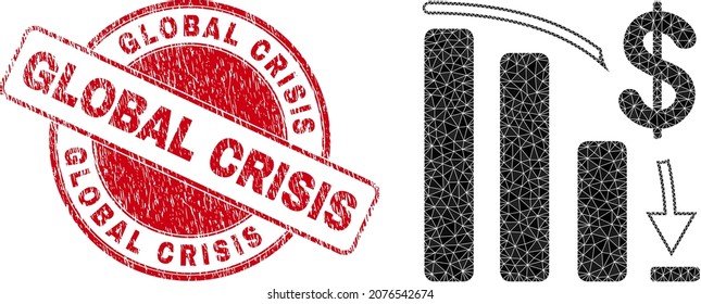 Low-Poly polygonal bankruptcy bar chart symbol illustration, and Global Crisis corroded seal. Red stamp seal includes Global Crisis title inside round shape.