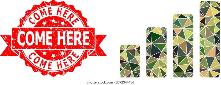 Low-Poly polygonal bar chart military camouflage icon illustration, and Come Here dirty stamp. Red stamp seal has Come Here text inside ribbon. Vector bar chart icon filled using camouflage triangles.