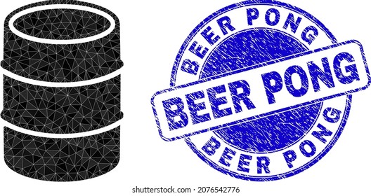 Low-Poly polygonal barrel 2d illustration with BEER PONG corroded stamp. Blue stamp has Beer Pong text inside round form. Barrel icon is filled with triangle mosaic.