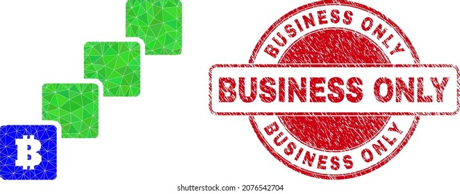 Low-Poly-Polygonal-Bitcoin Blockchain Symbol Illustration mit Business Only schmutzigen Robbendruck. Rotes Siegel hat Business Only Titel in Kreisform. Bitcoin Blockchain Symbol gefüllt mit Dreiecken.