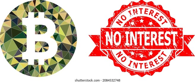 Low-Poly polygonal bitcoin coin military camouflage 2d illustration, and No Interest rubber seal imitation. Red seal includes No Interest text inside ribbon.